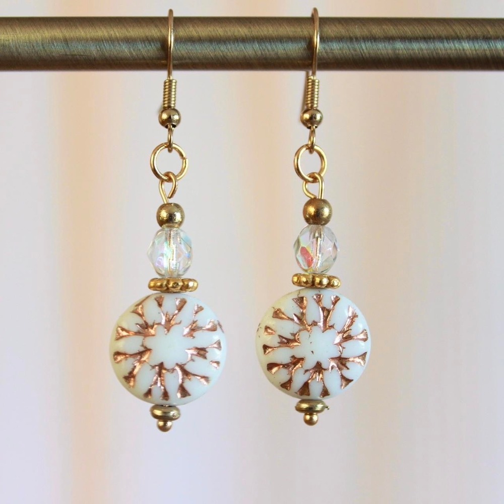 Handmade Snowflake Beaded Dangle Drop Earrings Gold Tone Hooks Winter Christmas